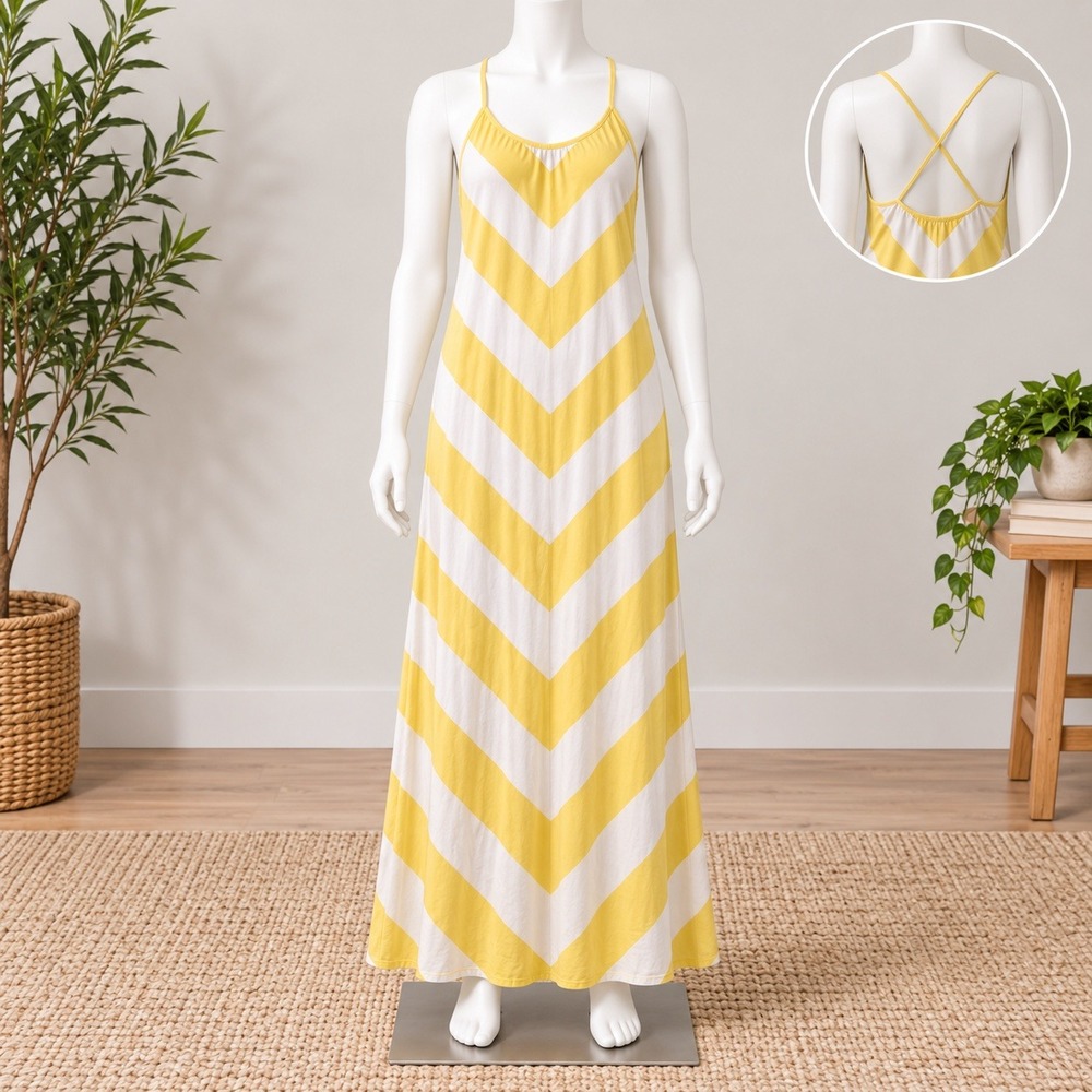 Old Navy Maxi Dress Womens S Yellow White Chevron Stripe Spaghetti Strap Jersey